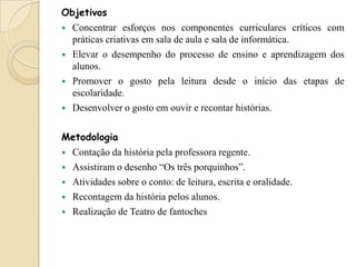 Objetivos






Concentrar esforços nos componentes curriculares críticos com
práticas criativas em sala de aula e sala de informática.
Elevar o desempenho do processo de ensino e aprendizagem dos
alunos.
Promover o gosto pela leitura desde o início das etapas de
escolaridade.
Desenvolver o gosto em ouvir e recontar histórias.

Metodologia






Contação da história pela professora regente.
Assistiram o desenho “Os três porquinhos”.
Atividades sobre o conto: de leitura, escrita e oralidade.
Recontagem da história pelos alunos.
Realização de Teatro de fantoches

 
