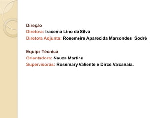 Direção
Diretora: Iracema Lino da Silva
Diretora Adjunta: Rosemeire Aparecida Marcondes Sodré
Equipe Técnica
Orientadora: Neuza Martins
Supervisoras: Rosemary Valiente e Dirce Valcanaia.

 
