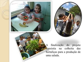 A finalização do projeto
consistia na colheita das
hortaliças para a produção de
uma salada.

 