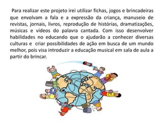 Para realizar este projeto irei utilizar fichas, jogos e brincadeiras
que envolvam a fala e a expressão da criança, manuseio de
revistas, jornais, livros, reprodução de histórias, dramatizações,
músicas e vídeos do palavra cantada. Com isso desenvolver
habilidades no educando que o ajudarão a conhecer diversas
culturas e criar possibilidades de ação em busca de um mundo
melhor, pois visa introduzir a educação musical em sala de aula a
partir do brincar.
 