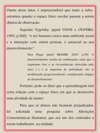 Diante desse fatos, é imprescindível que tanto a infra-
estrutura quanto o espaço físico escolar passem a serem
objetos de observação.
        Segundo Vygotsky, (apud DAVIS e OLIVEIRA,
1993, p.560) . “o ser humano cresce num ambiente social
e a interação com outras pessoas, é essencial ao seu
desenvolvimento.”
              Para   Piaget   (apud   KRAMER,   2000,   p.29)   “o
              desenvolvimento resulta de combinações entre que o
              organismo traz e as circunstâncias oferecidas pelo
              meio [...] e os esquemas de assimilação vão se
              modificando progressivamente, considerando estágios
              de desenvolvimento”.

        Portanto, pode-se dizer que a aprendizagem tem
certa relação com o espaço físico em que se desenvolve
uma atividade de ensino.
        Para que os alunos não ficassem prejudicados,
foi   solicitada     uma      pesquisa     sobre     Alterações
Cromossômicas Humanas, que era um dos conteúdos a
serem trabalhados na unidade.
 