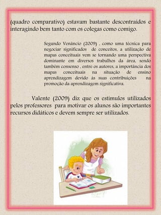 (quadro comparativo) estavam bastante descontraídos e
interagindo bem tanto com os colegas como comigo.

             Segundo Venâncio (2009) , como uma técnica para
             negociar significados de conceitos, a utilização de
             mapas conceituais vem se tornando uma perspectiva
             dominante em diversos trabalhos da área, sendo
             também consenso , entre os autores, a importância dos
             mapas conceituais na situação de ensino
             aprendizagem devido às suas contribuições          na
             promoção da aprendizagem significativa.


         Valente (2009) diz que os estímulos utilizados
pelos professores para motivar os alunos são importantes
recursos didáticos e devem sempre ser utilizados.
 