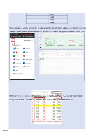 Público
4000
6000
8000
10000
Dica: você pode utilizar o Excel on-line para realizar os cálculos e a plotagem. Para isso, basta
acessar uma conta de e-mail outlook ou hotmail e no menu de aplicativos selecionar o Excel:
No Excel inserir as colunas: tensão ( que será coletada), corrente mA (que será coletada),
Rcarga (de acordo com a tabela anterior) e Potência mW (que será calculada):
 