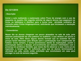 Dia 12/11/2010:

- Descrição:

Iniciei a aula realizando a explanação sobre Fluxo de energia com o uso de
esquema no quadro. Em seguida solicitei de alguns alunos que pegassem os
livros na biblioteca e distribui para a turma uma atividade avaliativa de
consulta sobre Ciclos biogeoquímicos, solicitando que iniciassem a resolução
individualmente.

- Comentários:

Nesse dia os alunos chegaram um pouco atrasados na sala de aula, pois
estavam participando de uma palestra no auditório, o que atrasou um pouco o
início da aula. Além disso alguns alunos tiveram que se ausentar da aula
porque foram liberados pela direção para a participação num campeonato de
futebol. Como sempre, a turma permaneceu atenta às explicações, porém a
participação deixou a desejar, provavelmente por estarem intimidados com a
presença do professor Geraldo, que nesse dia foi observar a aula. Como já era
esperado, o tempo não foi suficiente para que os alunos terminassem a
atividade em sala, sendo então solicitado que concluíssem em casa para
entregar na aula da semana seguinte.
 