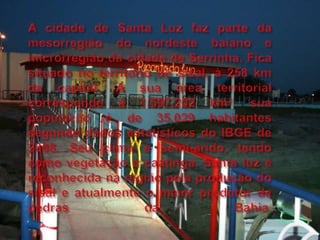 A cidade de Santa Luz faz parte da mesorregião do nordeste baiano e microrregião da cidade de Serrinha. Fica situado no território do sisal, à 258 km da capital. A sua área territorial corresponde à 1.597.202 km², sua população é de 35.029 habitantes segundo dados estatísticos do IBGE de 2008. Seu clima é semi-árido, tendo como vegetação a caatinga. Santa luz é reconhecida na região pela produção do sisal e atualmente o maior produtor de pedras da Bahia.