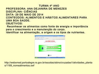 TURMA 4º ANO
PROFESSORA: ANA DEJANIRA DE MENEZES
DISCIPLINA- CIÊNCIAS
DATA- 29 DE MAIO DE 2014
CONTEÚDOS: ALIMENTOS E HÁBITOS ALIMENTARES PARA
UMA BOA SAÚDE.
OBJETIVOS:
Reconhecer os alimentos como fonte de energia e importância
para o crescimento e a manutenção do corpo.
Identificar na alimentação, a origem e os tipos de nutrientes.
http://websmed.portoalegre.rs.gov.br/escolas/obino/cruzadas1/atividades_planta
s/1189_nomealimentos.swf
 