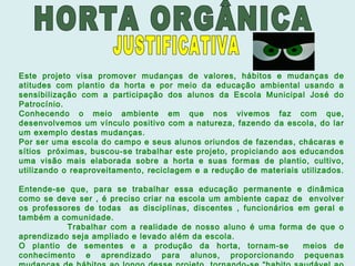 Este projeto visa promover mudanças de valores, hábitos e mudanças de
atitudes com plantio da horta e por meio da educação ambiental usando a
sensibilização com a participação dos alunos da Escola Municipal José do
Patrocínio.
Conhecendo o meio ambiente em que nos vivemos faz com que,
desenvolvemos um vínculo positivo com a natureza, fazendo da escola, do lar
um exemplo destas mudanças.
Por ser uma escola do campo e seus alunos oriundos de fazendas, chácaras e
sítios próximas, buscou-se trabalhar este projeto, propiciando aos educandos
uma visão mais elaborada sobre a horta e suas formas de plantio, cultivo,
utilizando o reaproveitamento, reciclagem e a redução de materiais utilizados.
Entende-se que, para se trabalhar essa educação permanente e dinâmica
como se deve ser , é preciso criar na escola um ambiente capaz de envolver
os professores de todas as disciplinas, discentes , funcionários em geral e
também a comunidade.
Trabalhar com a realidade de nosso aluno é uma forma de que o
aprendizado seja ampliado e levado além da escola.
O plantio de sementes e a produção da horta, tornam-se meios de
conhecimento e aprendizado para alunos, proporcionando pequenas
 