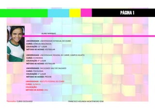 *Vermelho: CURSO ESCOLHIDO FRANCISCO HOLANDA MONTENEGRO EEM
ALANE MARINHO
UNIVERSIDADE: UNIVERSIDADE ESTADUAL DO CEARÁ
CURSO: CIÊNCIAS BIOLÓGICAS
COLOCAÇÃO: 12° LUGAR
MÉTODO DE ACESSO: VESTIBULAR
UNIVERSIDADE: UNIVERSIDADE REGIOAL DO CARIRÍ, CAMPUS IGUATU
CURSO: ECONOMIA
COLOCAÇÃO: 9° LUGAR
MÉTODO DE ACESSO: VESTIBULAR
UNIVERSIDADE: FACULDADE VALE DO SALGADO
CURSO: PSICOLOGIA
COLOCAÇÃO: 1° LUGAR
MÉTODO DE ACESSO: PROUNI
UNIVERSIDADE: INSITUTO FEDERAL DO CEARÁ
CURSO: QUÍMICA
COLOCAÇÃO:
MÉTODO DE ACESSO: SISU
PÁGINA 1
 