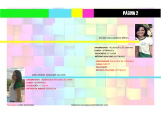 *Vermelho: CURSO ESCOLHIDO FRANCISCO HOLANDA MONTENEGRO EEM
ANA BEATRIZ LEANDRO DE MATOS
UNIVERSIDADE: FACULDADE LEÃO SAMPAIO
CURSO: ENFERMAGEM
COLOCAÇÃO: 17° LUGAR
MÉTODO DE ACESSO: VESTIBULAR
UNIVERSIDADE: FACULDADE DE FORTALEZA
CURSO: DIREITO
COLOCAÇÃO:
MÉTODO DE ACESSO: VESTIBULAR
ANA CAROLINA GONÇALVES DE LAVOR
UNIVERSIDADE: UNIVERSIDADE REGIONAL DO CARIRI
CURSO: ENFERMAGEM
COLOCAÇÃO: 21° LUGAR
MÉTODO DE ACESSO: VESTIBULAR
PÁGINA 2
 