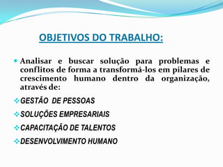 OBJETIVOS DO TRABALHO:
 Analisar e buscar solução para problemas e

conflitos de forma a transformá-los em pilares de
crescimento humano dentro da organização,
através de:
GESTÃO DE PESSOAS
SOLUÇÕES EMPRESARIAIS
CAPACITAÇÃO DE TALENTOS
DESENVOLVIMENTO HUMANO

 