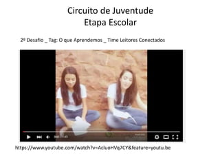 Circuito de Juventude
Etapa Escolar
2º Desafio _ Tag: O que Aprendemos _ Time Leitores Conectados
https://www.youtube.com/...