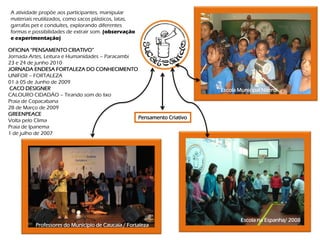 A atividade propõe aos participantes, manipular
materiais reutilizados, como sacos plásticos, latas,
garrafas pet e conduítes, explorando diferentes
formas e possibilidades de extrair som. (observação
e experimentação)

OFICINA “PENSAMENTO CRIATIVO”
Jornada Artes, Leitura e Humanidades – Paracambi
23 e 24 de junho 2010
JORNADA ENDESA FORTALEZA DO CONHECIMENTO
UNIFOR – FORTALEZA
01 à 05 de Junho de 2009
 CACO DESIGNER                                                         Escola Municipal Niterói
CALOURO CIDADÃO – Tirando som do lixo
Praia de Copacabana
28 de Março de 2009
GREENPEACE
                                                 Pensamento Criativo
Volta pelo Clima
Praia de Ipanema
1 de julho de 2007




                                                                               Escola na Espanha/ 2008
          Professores do Município de Caucaia / Fortaleza
 