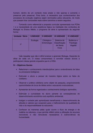 homem, dentro de um contexto mais amplo e não apenas e somente o
preservar pelo preservar. Para tanto, é necessário que conhecimentos dos
processos de evolução orgânica sejam dominados pelos educando, de modo
que possam tirar conclusões reais sobre caminhos a serem seguidos.

       Tomando como referencial a proposta curricular apresentada nos PCNs
+ e a necessidade de uma seqüência lógica na mediação dos conteúdos de
Biologia no Ensino Médio, o programa de série é apresentado da seguinte
forma:

Unidade / Série     I UNIDADE     II UNIDADE     III UNIDADE     IV UNIDADE

                     Ecologia.    Citologia e     Sistema de      Botânica e
                                  Embriologia    Classificação    Fisiologia
       1ª                                          de Seres        Vegetal
                                                     Vivos



        Vale ressaltar que não é difícil ensinar e aprender Biologia. Depende do
olhar de cada um. O nosso compromisso é convidar nossos alunos a
participarem dessa grande orquestra que é a VIDA.

IV – Objetivos Gerais:

    Relacionar o conhecimento interdisciplinar para o entendimento de fatos
     ou processos biológicos;

    Estimular o aluno a pensar de maneira lógica sobre os fatos do
     cotidiano;

    Observar a prática cotidiana como objeto de pesquisa, proporcionando
     oportunidades de troca de idéias entre o educando e educadores;

    Apresentar de forma organizada o conhecimento biológico aprendido;

    Estimular a curiosidade do aluno perante as conseqüências do
     desenvolvimento econômico sob equilíbrio ambiental;

    Instigar a vontade pelo aprendizado beneficiando o desenvolvimento de
     atitudes e valores que cooperam para o melhoramento da qualidade de
     vida e da responsabilidade do educando;

    Conhecer as maneiras pelas quais ocorre o fluxo de energia e de
     matéria na natureza, o que permite refletir sobre a utilização de recursos
     renováveis e não renováveis necessários à sobrevivência da
     humanidade;
 