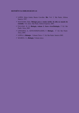 REFERÊNCIAS BIBLIOGRÁFICAS


     LOPES, Sônia Godoy Bueno Carvalho. Bio. Vol. 2. São Paulo, Editora
      Saraiva, 1997.
     MACHADO, Sídio. Biologia para o ensino médio: de olho no mundo do
      trabalho. Vol. único. São Paulo, Editora Scipione, 2003.
     PAULINO, W. R. Biologia, volume 2: Seres vivos/fisiologia. 1º Ed. São
      Paulo: Ática, 2005.
     LINHARES, S.; GEWANDSZNAJDER, F. Biologia. 10. Ed. São Paulo:
      Ática, 2005.
     LOPES, S. Biologia – Volume Único. 1°. Ed. São Paulo: Saraiva 2005.
     SOARES, J. L. Biologia. Volume único.
 
