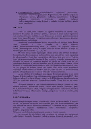  Reino Metazoa ou Animalia: Compreendem os          organismos     pluricelulares,
      eucariontes e heterótrofos por ingestão. Representado pelos poríferos (esponjas),
      celenterados (corais), platelmintos (solitária), nematelmintos (lombriga),
      anelídeos        (minhoca),          artrópodes       (aranha),         moluscos
      (polvo), equinodermos (ouriço-do-mar) e cordados (peixes, anfíbios, répteis,
      aves e mamíferos).

OS VÍRUS

        Vírus (do latim, virus, veneno) são agentes infectantes de células vivas,
causadores de doenças em animais e plantas, e capazes de atacar outros organismos
mais simples, até mesmo bactérias. Apesar de ainda não terem sido qualificados entre os
seres vivos, alguns biólogos, virologistas, microbiologistas e pesquisadores já deram
nomes científicos a muitos deles.
        Atualmente, os vírus são quase sempre reconhecidos por letras ou siglas. Temos
como        exemplo         o     vírus      causador     da        AIDS      chamado
de HIV (Human Immunodeficiency Vírus), o causador do papiloma chamado
deHPV (Human Papiloma Vírus) ou alguns vírus que atacam bactérias, os fagos ou
bacteriófagos, batizados como T2, T3, T4, etc.
        Os vírus não possuem organização celular, apenas uma estrutura molecular.
Essencialmente, são moléculas de nucleoproteínas auto-reprodutíveis e com capacidade
de sofrer mutações. Essas duas características são típicas dos seres vivos. Todavia,
como não possuem organelas capazes de lhes permitir a obtenção, armazenamento e
utilização de energia, só conseguem subsistir no interior de células vivas, de cujo
equipamento funcional se utilizam para obter tudo de que necessitam. Fora de células
vivas eles se cristalizam e podem manter-se num vidro, por tempo indeterminado, como
um sal qualquer se mantém. Postos em contato com novas células hospedeiras
reassumem imediatamente sua atividade. Por isso, todos os vírus são necessariamente
parasitas intracelulares e não podem ser cultivados em meios artificiais.
        A sua estrutura é formada por uma cápsula de natureza protéica e um miolo
formado de ácido nucléico. Esse miolo pode conter uma molécula longa de DNA (vírus
do herpes, adenovírus, bacteriófagos e outros) ou de RNA (da gripe, da poliomielite, da
AIDS, do mosaico do tabaco, etc). Nunca são encontrados DNA e RNA em um mesmo
vírus.
        Na espécie humana, os vírus determinam numerosas doenças (viroses) tais como
hepatite infecciosa, poliomielite, herpes, varíola, febre amarela, hidrofobia, gripe,
AIDS, febres hemorrágicas (ebola, dengue), certas pneumonias e encefalites, rubéola e
as habituais viroses de infância como sarampo, catapora ou varicela e caxumba, entre
outras.

O REINO MONERA

Reúne os organismos procariontes, aqueles cujas células, ainda que dotadas de material
nuclear, não possuem um núcleo individualizado pela falta de cariomembrana e, por
isso, simulam ter células anucleadas.Também não se observam no seu citoplasma as
estruturas ou organelas membranosas como mitocôndrias, cloroplastos,
complexo golgiense e outras.
Até mesmo o retículo endoplasmático está ausente ou é muito reduzido.
        As moneras são unicelulares, mas comumente se mostram em grupamentos
multicelulares, formando filamentos, cachos ou outras formas de agregação.O reino
 