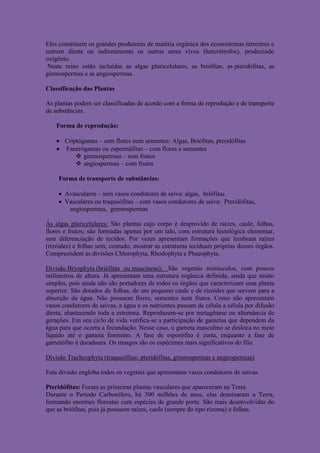 Eles constituem os grandes produtores de matéria orgânica dos ecossistemas terrestres e
nutrem direta ou indiretamente os outros seres vivos (heterótrofos), produzindo
oxigênio.
 Neste reino estão incluídas as algas pluricelulares, as briófitas, as pteridófitas, as
gimnospermas e as angiospermas.

Classificação das Plantas

As plantas podem ser classificadas de acordo com a forma de reprodução e de transporte
de substâncias.

    Forma de reprodução:

     Criptógamas – sem flores nem sementes: Algas, Briófitas, pteridófitas
     Fanerógamas ou espermáfitas – com flores e sementes
           gimnospermas – sem frutos
           angiospermas – com frutos

     Forma de transporte de substâncias:

      Avasculares – sem vasos condutores de seiva: algas, briófitas
      Vasculares ou traqueófitas – com vasos condutores de seiva: Pteridófitas,
        angiospermas, gimnospermas

As algas pluricelulares: São plantas cujo corpo é desprovido de raízes, caule, folhas,
flores e frutos; são formadas apenas por um talo, com estrutura histológica elementar,
sem diferenciação de tecidos. Por vezes apresentam formações que lembram raízes
(rizóides) e folhas sem, contudo, mostrar as estruturas teciduais próprias desses órgãos.
Compreendem as divisões Chlorophyta, Rhodophyta e Phaeophyta.

Divisão Bryophyta (briófitas ou muscíneas): São vegetais minúsculos, com poucos
milímetros de altura. Já apresentam uma estrutura orgânica definida, ainda que muito
simples, pois ainda não são portadores de todos os órgãos que caracterizam uma planta
superior. São dotados de folhas, de um pequeno caule e de rizóides que servem para a
absorção da água. Não possuem flores, sementes nem frutos. Como não apresentam
vasos condutores de seivas, a água e os nutrientes passam de célula a célula por difusão
direta, abastecendo toda a estrutura. Reproduzem-se por metagênese ou alternância de
gerações. Em seu ciclo de vida verifica-se a participação de gametas que dependem da
água para que ocorra a fecundação. Nesse caso, o gameta masculino se desloca no meio
líquido até o gameta feminino. A fase de esporófito é curta, enquanto a fase de
gametófito é duradoura. Os musgos são os espécimes mais significativos do filo.

Divisão Tracheophyta (traqueófitas: pteridófitas, gimnospermas e angiospermas)

Esta divisão engloba todos os vegetais que apresentam vasos condutores de seivas.

Pteridófitas: Foram as primeiras plantas vasculares que apareceram na Terra.
Durante o Período Carbonífero, há 300 milhões de anos, elas dominaram a Terra,
formando enormes florestas com espécies de grande porte. São mais desenvolvidas do
que as briófitas, pois já possuem raízes, caule (sempre do tipo rizoma) e folhas.
 
