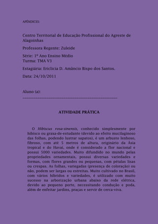 APÊNDICES:



Centro Territorial de Educação Profissional do Agreste de
Alagoinhas

Professora Regente: Zuleide

Série: 1º Ano Ensino Médio
Turma: TMA V3

Estagiária: Ericlicia D. Amâncio Bispo dos Santos.

Data: 24/10/2011



Aluno (a):
___________________________________________________



                   ATIVIDADE PRÁTICA



     O Hibiscus rosa-sinensis, conhecido simplesmente por
  hibisco ou graxa-de-estudante (devido ao efeito mucilaginoso
  das folhas, podendo lustrar sapatos), é um arbusto lenhoso,
  fibroso, com até 5 metros de altura, originário da Ásia
  tropical e do Havaí, onde é considerado a flor nacional e
  possui 5000 variedades. Muito difundido no mundo pelas
  propriedades ornamentais, possui diversas variedades e
  formas, com flores grandes ou pequenas, com pétalas lisas
  ou crespas. As folhas, variegadas (presença de coloração) ou
  não, podem ser largas ou estreitas. Muito cultivado no Brasil,
  com vários híbridos e variedades, é utilizado com muito
  sucesso na arborização urbana abaixo da rede elétrica,
  devido ao pequeno porte, necessitando condução e poda,
  além de enfeitar jardins, praças e servir de cerca-viva.
 
