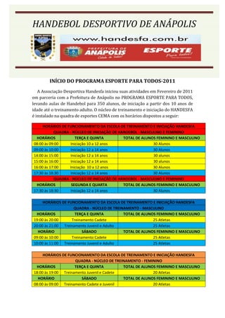 HANDEBOL DESPORTIVO DE ANÁPOLIS




        INÍCIO DO PROGRAMA ESPORTE PARA TODOS-2011
   A Associação Desportiva Handesfa iniciou suas atividades em Fevereiro de 2011
em parceria com a Prefeitura de Anápolis no PROGRAMA ESPORTE PARA TODOS,
levando aulas de Handebol para 350 alunos, de iniciação a partir dos 10 anos de
idade até o treinamento adulto. O núcleo de treinamento e iniciação do HANDESFA
é instalado na quadra de esportes CEMA com os horários dispostos a seguir:

     HORÁRIOS DE FUNCIONAMENTO DA ESCOLA DE TREINAMENTO E INICIAÇÃO HANDESFA
           QUADRA - NÚCLEO DE INICIAÇÃO DE HANDEBOL - MASCULINO E FEMININO
 HORÁRIOS            TERÇA E QUINTA          TOTAL DE ALUNOS FEMININO E MASCULINO
08:00 às 09:00    Iniciação 10 a 12 anos                   30 Alunos
09:00 às 10:00    Iniciação 12 a 14 anos                   30 Alunos
14:00 às 15:00    Iniciação 12 a 14 anos                   30 alunos
15:00 às 16:00    Iniciação 12 a 14 anos                   30 alunos
16:00 às 17:00    Iniciação 10 a 12 anos                   30 Alunos
17:30 às 18:30    Iniciação 12 a 14 anos                   30 Alunos
           QUADRA - NÚCLEO DE INICIAÇÃO DE HANDEBOL - MASCULINO E FEMININO
 HORÁRIOS          SEGUNDA E QUARTA          TOTAL DE ALUNOS FEMININO E MASCULINO
17:30 às 18:30    Iniciação 12 a 14 anos                   30 Alunos

     HORÁRIOS DE FUNCIONAMENTO DA ESCOLA DE TREINAMENTO E INICIAÇÃO HANDESFA
                    QUADRA - NÚCLEO DE TREINAMENTO - MASCULINO
 HORÁRIOS            TERÇA E QUINTA         TOTAL DE ALUNOS FEMININO E MASCULINO
19:00 às 20:00     Treinamento Cadete                     25 Atletas
20:00 às 21:00 Treinamento Juvenil e Adulto               25 Atletas
  HORÁRIO                SÁBADO             TOTAL DE ALUNOS FEMININO E MASCULINO
09:00 às 10:00     Treinamento Cadete                     25 Atletas
10:00 às 11:00 Treinamento Juvenil e Adulto               25 Atletas

     HORÁRIOS DE FUNCIONAMENTO DA ESCOLA DE TREINAMENTO E INICIAÇÃO HANDESFA
                     QUADRA - NÚCLEO DE TREINAMENTO - FEMININO
 HORÁRIOS            TERÇA E QUINTA         TOTAL DE ALUNOS FEMININO E MASCULINO
18:00 às 19:00 Treinamento Juvenil e Cadete               20 Atletas
  HORÁRIO               SÁBADO              TOTAL DE ALUNOS FEMININO E MASCULINO
08:00 às 09:00 Treinamento Cadete e Juvenil               20 Atletas
 