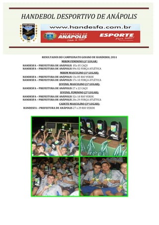 HANDEBOL DESPORTIVO DE ANÁPOLIS
HANDEBOL DESPORTIVO DE ANÁPOLIS




              RESULTADOS DO CAMPEONATO GOIANO DE HANDEBOL 2011
                            MIRIM FEMININO (1º LUGAR)
HANDESFA – PREFEITURA DE ANÁPOLIS 05x 05 CAÇU
HANDESFA – PREFEITURA DE ANÁPOLIS 09x 02 FORÇA ATLÉTICA
                           MIRIM MASCULINO (1º LUGAR):
HANDESFA – PREFEITURA DE ANÁPOLIS 13x 05 RIO VERDE
HANDESFA – PREFEITURA DE ANÁPOLIS 17x 10 FORÇA ATLÉTICA
                          JUVENIL MASCULINO (1º LUGAR):
HANDESFA – PREFEITURA DE ANÁPOLIS 27 x 22 CAÇU
                           JUVENIL FEMININO (2º LUGAR):
HANDESFA – PREFEITURA DE ANÁPOLIS 32x 18 RIO VERDE
HANDESFA – PREFEITURA DE ANÁPOLIS 20x 29 FORÇA ATLÉTICA
                          CADETE MASCULINO (3º LUGAR):
 HANDESFA – PREFEITURA DE ANÁPOLIS 27 x 29 RIO VERDE
 