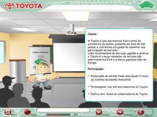 Cliente:
A Toyota é uma das maiores fabricantes de
automóveis do mundo, presente em mais de 160
países, e com metas arrojadas de aumentar sua
participação de mercado.
Líder incontestável do mercado japonês e asiático,
a Toyota é o maior vendedor de veículos não-
americanos nos EUA e a marca japonesa líder na
Europa.
Participação:
 Elaboração de enredo linear abordando 3 focos
do Sistema de Gestão Ambiental.
 Personagens: Uso dos dois mascotes da Toyota.
 Publico alvo: todos os colaboradores da Toyota.
 