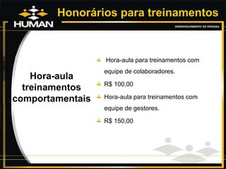 Honorários para treinamentos
Hora-aula
treinamentos
comportamentais
Hora-aula para treinamentos com
equipe de colaboradores.
R$ 100,00
Hora-aula para treinamentos com
equipe de gestores.
R$ 150,00
 