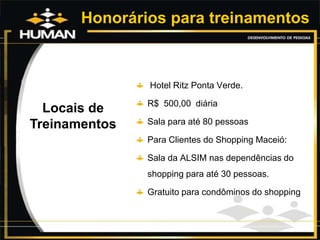 Honorários para treinamentos
Locais de
Treinamentos
Hotel Ritz Ponta Verde.
R$ 500,00 diária
Sala para até 80 pessoas
Para Clientes do Shopping Maceió:
Sala da ALSIM nas dependências do
shopping para até 30 pessoas.
Gratuito para condôminos do shopping
 