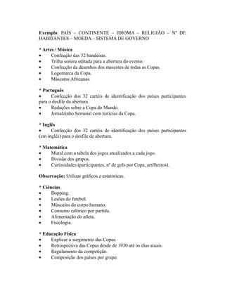 Exemplo: PAÍS – CONTINENTE – IDIOMA – RELIGIÃO – Nº DE
HABITANTES – MOEDA – SISTEMA DE GOVERNO

* Artes / Música
•     Confecção das 32 bandeiras.
•     Trilha sonora editada para a abertura do evento.
•     Confecção de desenhos dos mascotes de todas as Copas.
•     Logomarca da Copa.
•     Máscaras Africanas.

* Português
•     Confecção dos 32 cartéis de identificação dos países participantes
para o desfile da abertura.
•     Redações sobre a Copa do Mundo.
•     Jornalzinho Semanal com notícias da Copa.

* Inglês
•     Confecção dos 32 cartéis de identificação dos países participantes
(em inglês) para o desfile de abertura.

* Matemática
•    Mural com a tabela dos jogos atualizados a cada jogo.
•    Divisão dos grupos.
•    Curiosidades (participantes, nº de gols por Copa, artilheiros).

Observação: Utilizar gráficos e estatísticas.

* Ciências
•     Dopping.
•     Lesões do futebol.
•     Músculos do corpo humano.
•     Consumo calórico por partida.
•     Alimentação do atleta.
•     Fisiologia.

* Educação Física
•    Explicar o surgimento das Copas.
•    Retrospectiva das Copas desde de 1930 até os dias atuais.
•    Regulamento da competição.
•    Composição dos países por grupo.
 