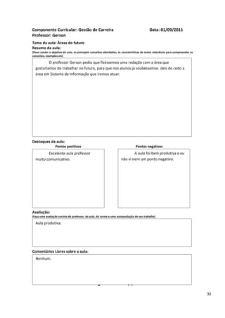 Componente Curricular: Gestão de Carreira                                                  Data: 01/09/2011
Professor: Gerson
Tema da aula: Áreas do futuro
Resumo da aula:
(Deve conter o objetivo da aula, os principais conceitos abordados, as características de maior relevância para compreender os
conceitos, exemplos etc)

          O professor Gerson pediu que fizéssemos uma redação com a área que
  gostaríamos de trabalhar no futuro, para que nos alunos já soubéssemos deis de cedo a
  área em Sistema de Informação que iremos atuar.




Destaques da aula:
                  Pontos positivos                                               Pontos negativos
         Excelente aula professor                                            A aula foi bem produtiva e eu
  muito comunicativo.                                                não vi nem um ponto negativo.




Avaliação:
(Faça uma avaliação sucinta do professor, da aula, da turma e uma autoavaliação de seu trabalho)

  Aula produtiva.




Comentários Livres sobre a aula:
  Nenhum.


                                                      ANEXO A
                                               Registro de aula(s)
                                                                                                                                 32
 