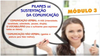 * COMUNICAÇÃO VERBAL: A VOZ (intensidade, 
tonalidade, velocidade, pausas, dicção); 
O VOCABULÁRIO (rico o suficiente para expressar todas as ideias); 
PILARES DE 
* COMUNICAÇÃO NÃO VERBAL: (gestos e 
postura para falar melhor); 
SUSTENTAÇÃO 
DA COMUNICAÇÃO  