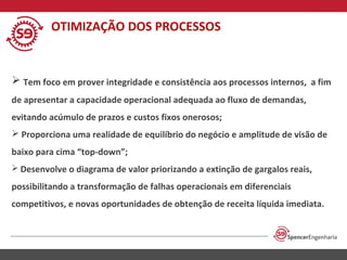 OTIMIZAÇÃO DOS PROCESSOS

 Tem foco em prover integridade e consistência aos processos internos, a fim
de apresentar a capacidade operacional adequada ao fluxo de demandas,
evitando acúmulo de prazos e custos fixos onerosos;
 Proporciona uma realidade de equilíbrio do negócio e amplitude de visão de
baixo para cima “top-down”;
 Desenvolve o diagrama de valor priorizando a extinção de gargalos reais,

possibilitando a transformação de falhas operacionais em diferenciais
competitivos, e novas oportunidades de obtenção de receita líquida imediata.

 