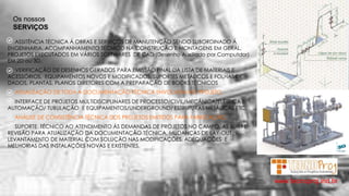 ASSITÊNCIA TÉCNICA Á OBRAS E SERVIÇOS DE MANUTENÇÃO SENDO SUBORDINADO Á
ENGENHARIA. ACOMPANHAMENTO TÉCNICO NA CONSTRUÇÃO E MONTAGENS EM GERAL,
PROJETOS EXECUTADOS EM VÁRIOS SOFTWARES DE CAD (Desenho Auxiliado por Computdor)
EM 2D ou 3D.
VERIFICAÇÃO DE DESENHOS GERADOS PARA EMISSÃO FINAL DA LISTA DE MATERIAIS E
ACESSÓRIOS, EQUIPAMENTOS NOVOS E MODIFICADOS, SUPORTES METÁLICOS E FOLHAS DE
DADOS, PLANTAS, PLANOS DIRETORES COM A PREPARAÇÃO DE BOOKS TÉCNICOS.
ATUALIZAÇÃO DE TODA A DOCUMENTAÇÃO TÉCNICA ENVOLVIDA NO PROJETO.
INTERFACE DE PROJETOS MULTIDISCIPLINARES DE PROCESSO/CIVIL/MECÂNICA/ELÉTRICA E
AUTOMAÇÃO/ TUBULAÇÃO E EQUIPAMENTOS/UNDERGROUND/ ESTRUTURAS METÁLICAS ETC.
ANÁLISE DE CONSISTÊNCIA TÉCNICA DOS PROJETOS EMITIDOS PARA FABRICAÇÃO.
SUPORTE TÉCNICO AO ATENDIMENTO ÁS DEMANDAS DE PROJETOS NO CAMPO. AS BUILT E
REVISÃO PARA ATUALIZAÇÃO DA DOCUMENTAÇÃO TÉCNICA, MUDANÇAS DE LAY-OUT ,
LEVANTAMENTO DE MATERIAL COM SOLUÇÃO NAS MODIFICAÇÕES, ADEQUAÇÕES E
MELHORIAS DAS INSTALAÇÕES NOVAS E EXISTENTES.
Os nossos
SERVIÇOS
www.tecnoproj.ind.br
 