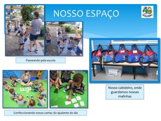 NOSSO ESPAÇO
Passeando pela escola
Confeccionando nosso cartaz do ajudante do dia
Nosso cabideiro, onde
guardamos nossas
malinhas
 