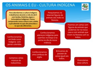 OS ANIMAIS E EU - CULTURA INDÍGENA
Para abordarmos a cultura indígena
trabalhamos durante o mês de abril
com lendas, histórias, jogos e
brincadeiras indígenas. Fomos
comparando nossa cultura com a deles
e percebendo no que são parecidas e
no que são diferentes.
Confeccionamos
um lindo cocar
indígena com
penas coloridas.
Confeccionamos
adereços indígenas para
usarmos no braço e na
perna no dia da nossa
vivência.
Pesquisamos na
internet figuras de
animais dos índio na
floresta.
Fizemos um cartaz com
figuras de animais que
podemos ter na nossa
casa e com animais que
vivem na floresta com os
índios.
Confeccionamos
uma cumbuca de
argila.
Brincamos de
passear de
canoa igual aos
índios.Cantamos várias
músicas de
indiozinhos.
Vivenciamos
essa cultura.
 