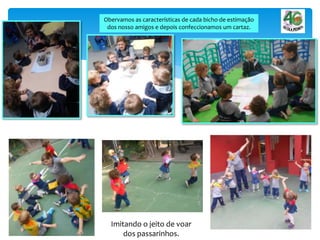 Imitando o jeito de voar
dos passarinhos.
Obervamos as características de cada bicho de estimação
dos nosso amigos e depois confeccionamos um cartaz.
 