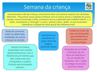 Semana da criança
Comemorando o dia das crianças, costumamos fazer uma semana especial com atividades
diferentes. Procuramos nessa semana enfatizar com os nossos alunos a realidade de outras
crianças, menos favorecidas ( órfãs, moradoras de rua, exploradas pelo trabalho infantil...) . E
assim, incentivá-los a “enxergar” o outro, praticar o bem, ajudar os que necessitam.
Estimulá-los a doação de coisas que já não utilizamos mais.
Roda de conversa:
Sobre as diferentes
realidades de outras
crianças no mundo.
Ganhamos de
presente um
super show de
mágica.
(próximo slide)Assistir um teatro
preparado com carinho
pelas professoras, com a
história de um menina que
não cuidava de seus
brinquedos e acabou
ficando sem brinquedo
nenhum.
Participar de um baile
a fantasia, de um
show de talentos e
de um desfile de
fantasias. Com todos
os amigos da escola.
(próximo slide)
Pudemos trazer de
casa um brinquedo
para dividirmos e
brincarmos com
nossos amigos.
 