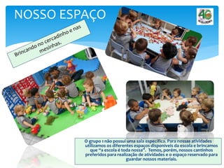 O grupo 1 não possui uma sala específica. Para nossas atividades
utilizamos os diferentes espaços disponíveis da escola e brincamos
que “a escola é toda nossa”. Temos, porém, nossos cantinhos
preferidos para realização de atividades e o espaço reservado para
guardar nossos materiais.
NOSSO ESPAÇO
 