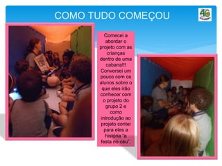 Comecei a
abordar o
projeto com as
crianças
dentro de uma
cabana!!!
Conversei um
pouco com os
alunos sobre o
que eles irão
conhecer com
o projeto do
grupo 2 e
como
introdução ao
projeto contei
para eles a
história “a
festa no céu”.
 