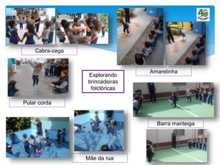 Explorando
brincadeiras
folclóricas
Cabra-cega
Amarelinha
Pular corda
Mãe da rua
Barra manteiga
 