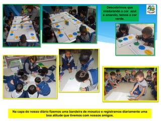 Descobrimos que
misturando a cor azul
e amarelo, temos a cor
verde.
Na capa do nosso diário fizemos uma bandeira de mosaico e registramos diariamente uma
boa atitude que tivemos com nossos amigos.
 