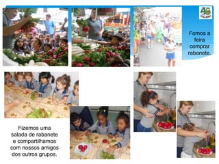 Fomos a
feira
comprar
rabanete.
Fizemos uma
salada de rabanete
e compartilhamos
com nossos amigos
dos outros grupos.
 
