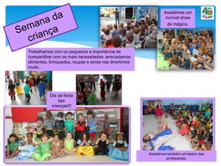 Dia da festa
das
crianças!!!
Assistimos um
incrível show
de mágica.
Assistimos também um teatro das
professoras.
Trabalhamos com os pequenos a importância de
compartilhar com os mais necessitados: arrecadamos
alimentos, brinquedos, roupas e ainda nos divertimos
muito.
 