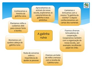 A galinha
ruiva
Conhecemos a
história da
galinha ruiva.
Cantamos e
brincamos com a
música “A galinha do
vizinho” e depois
confeccionamos um
cartaz dos numerais
Fizemos diversas
brincadeiras de
cooperação.
Cooperamos também
com a organização de
nossa escola, por
exemplo: recolhendo
papel do chão.
Aproveitamos os
animais da nossa
escola, exploramos as
características da
galinha e seus
pintinhos
Roda de conversa
sobre a
importância de
ajudar as pessoas
Montamos um
quebra cabeça da
galinha ruiva
Plantamos milho e
cuidamos dele
para crescer forte
e bonito.
Fizemos um bolo
de milho cremoso
com a receita da
Galinha ruiva
 