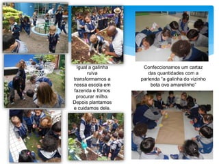 Igual a galinha
ruiva
transformamos a
nossa escola em
fazenda e fomos
procurar milho.
Depois plantamos
e cuidamos dele.
Confeccionamos um cartaz
das quantidades com a
parlenda “a galinha do vizinho
bota ovo amarelinho”
 