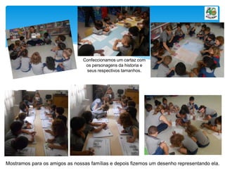 Confeccionamos um cartaz com
os personagens da historia e
seus respectivos tamanhos.
Mostramos para os amigos as nossas famílias e depois fizemos um desenho representando ela.
 