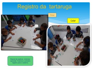 Registro da tartaruga
Depois de explorar, vivenciar,
aprender. Fizemos o primeiro
registro para o caderno.
Pintar
Colar
 