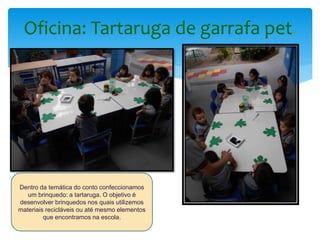 Oficina: Tartaruga de garrafa pet.
Dentro da temática do conto confeccionamos
um brinquedo: a tartaruga. O objetivo é
desenvolver brinquedos nos quais utilizemos
materiais recicláveis ou até mesmo elementos
que encontramos na escola.
 