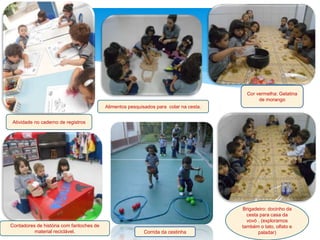 Atividade no caderno de registros
Alimentos pesquisados para colar na cesta.
Contadores de história com fantoches de
material reciclável. Corrida da cestinha
Brigadeiro: docinho da
cesta para casa da
vovó . (exploramos
também o tato, olfato e
paladar)
Cor vermelha: Gelatina
de morango
 