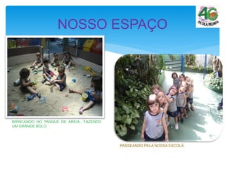 NOSSO ESPAÇO
BRINCANDO NO TANQUE DE AREIA., FAZENDO
UM GRANDE BOLO.
PASSEANDO PELA NOSSA ESCOLA.
 