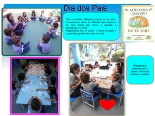 Dia dos Pais
Com a história “Adivinha quanto eu te amo”,
conversamos sobre as atitudes que devemos
ter com nosso pai, como o respeito a
obediência e o amor.
Registramos em um cartaz o nome do papai e
o que mais gostam de fazer com ele.
Preparando o
presente para o
papai, com muito
carinho e cuidado.
 