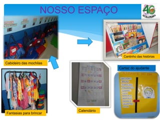 NOSSO ESPAÇO
Cantinho das histórias
Cartaz do ajudante
Calendário
Cabideiro das mochilas
Fantasias para brincar
 